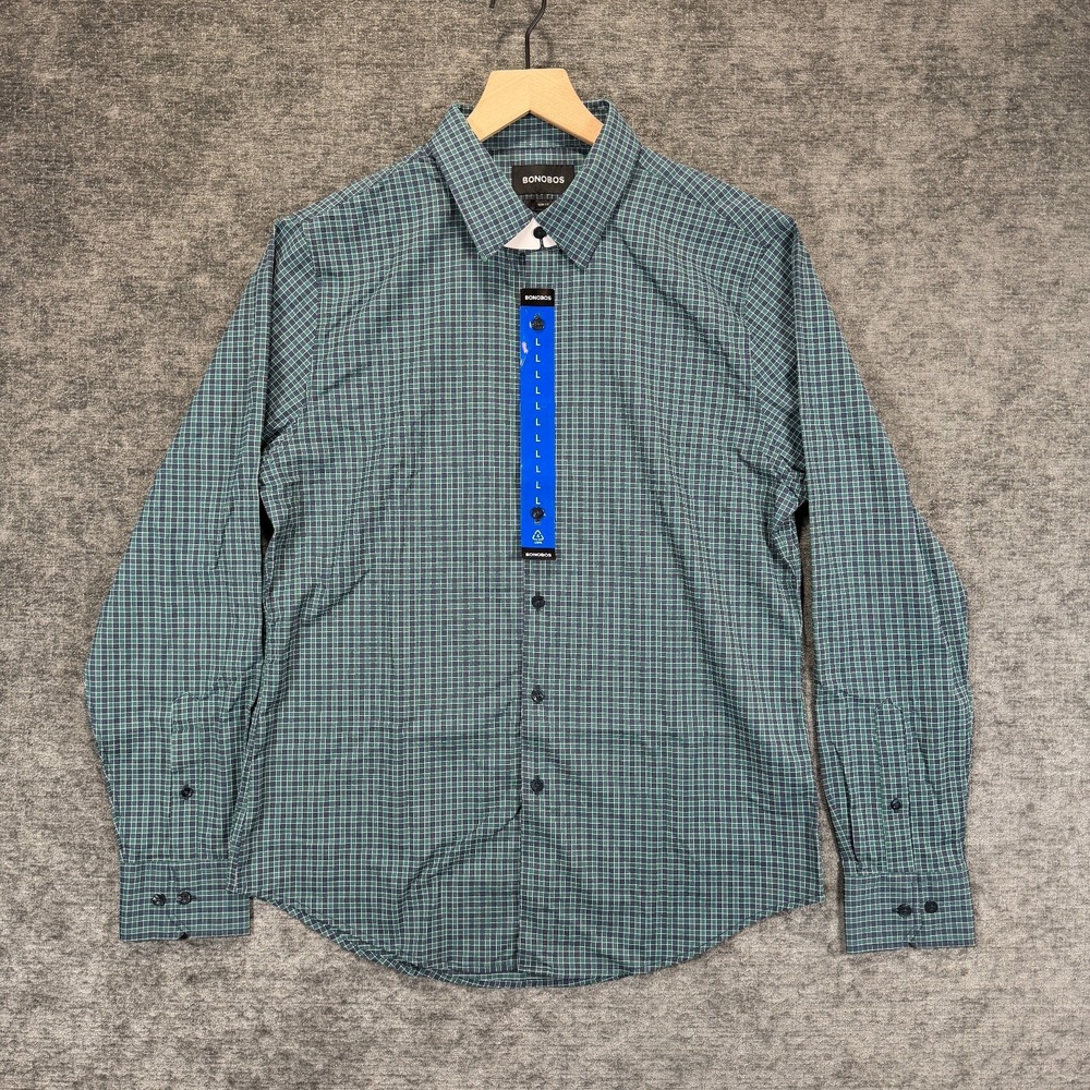 Bonobos Slim Fit Check Button Up‎ Shirt Green Navy Large